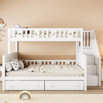 Children's Bunk Bed with Safety Stairs & Drawers, White