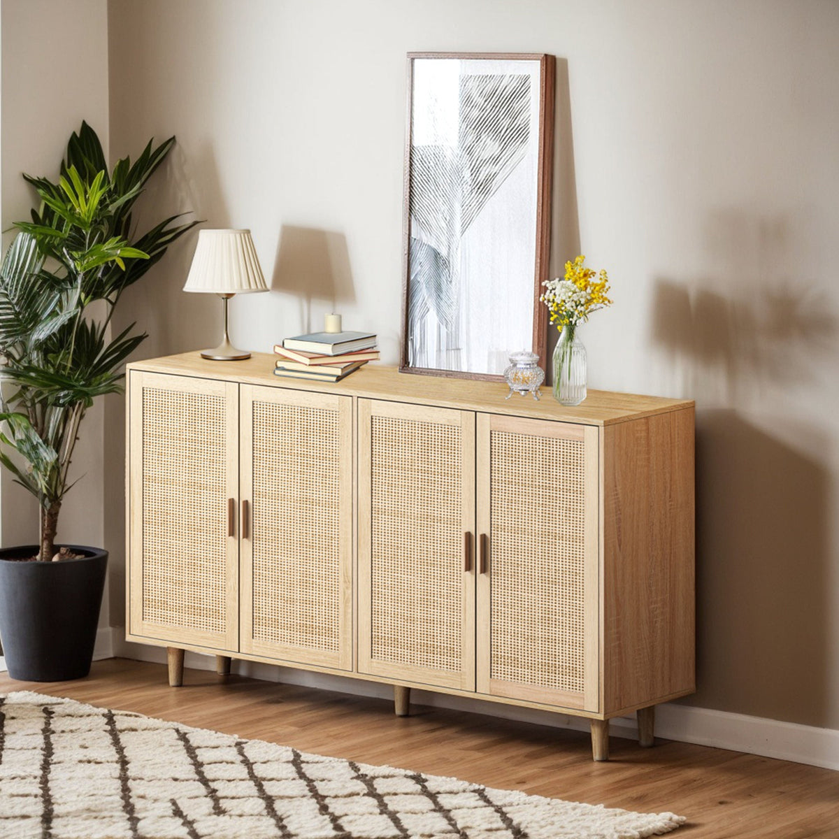 Rattan Decorative Storage Cabinet, 158CM 4-Door, Natural