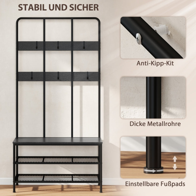 3-in-1 coat rack, coat hook, bench, shoe rack, metal, chipboard, black