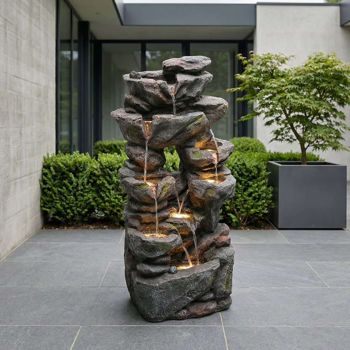 Garden Fountain with LED Lighting, Water Pump and Decorative Basin, Artificial Stone Grey