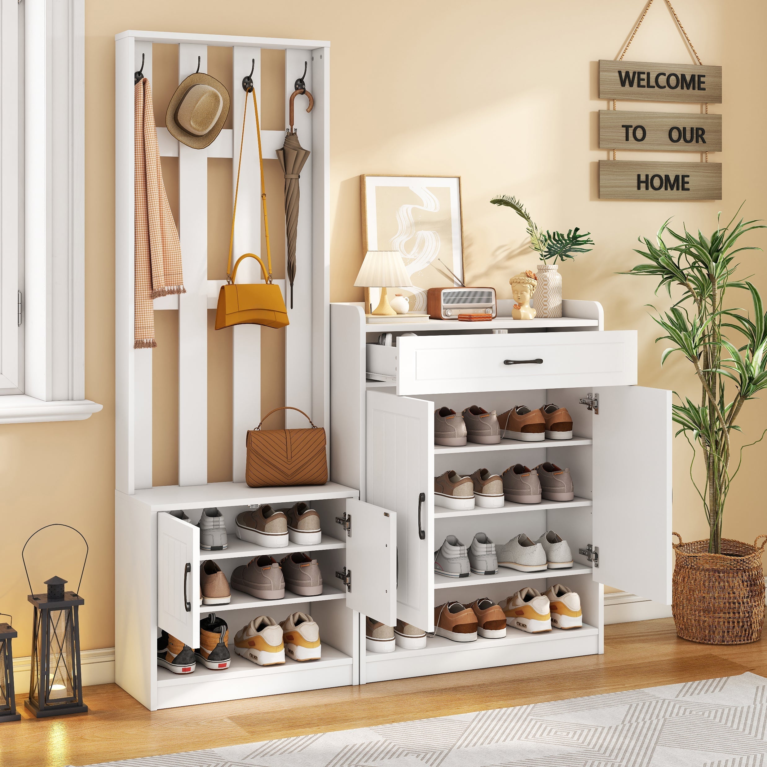 Wardrobe Set 140.6x32x180 cm Hallway Panel Shoe Cabinets, White Matte Finish