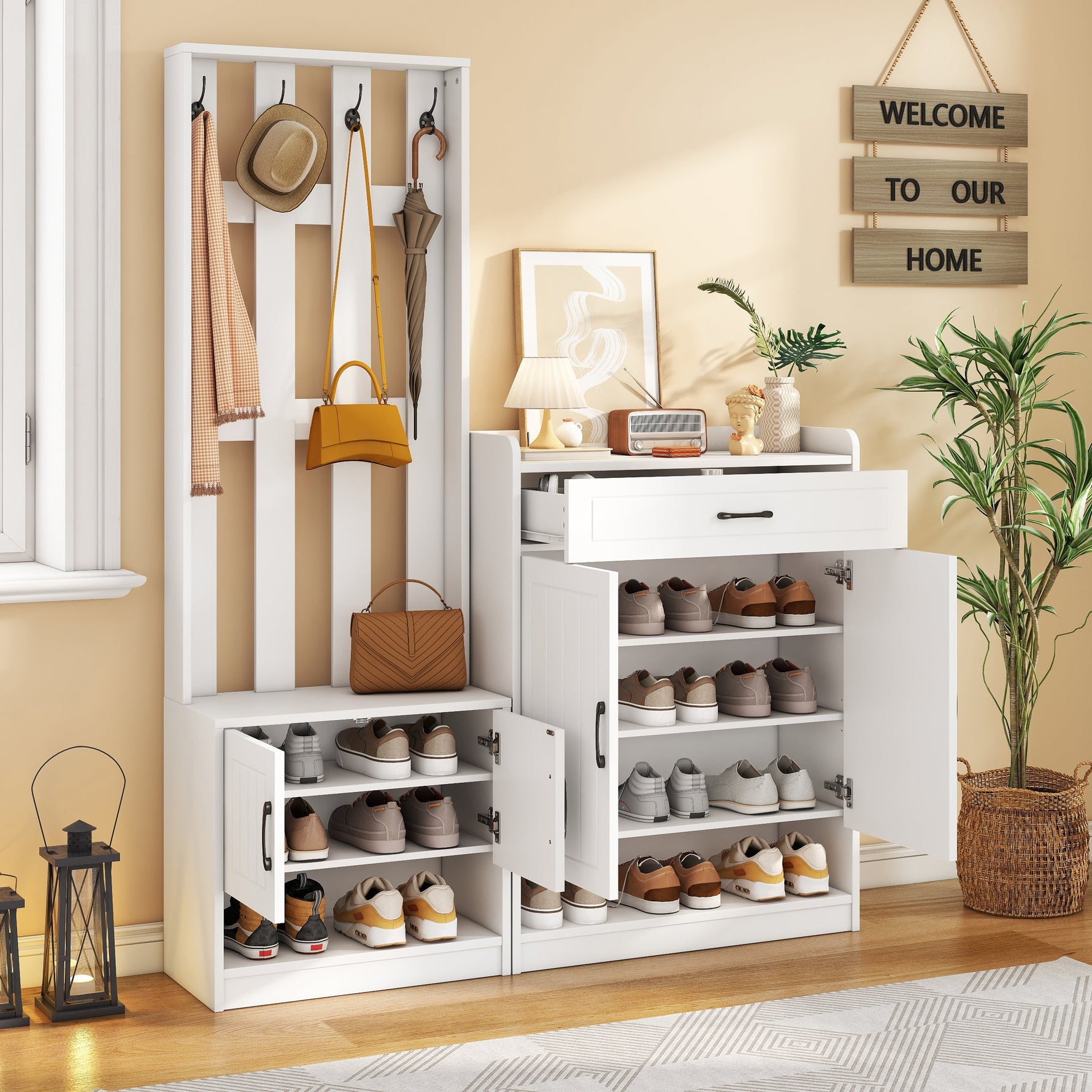 Wardrobe Set 140.6x32x180 cm Hallway Panel Shoe Cabinets, White Matte Finish