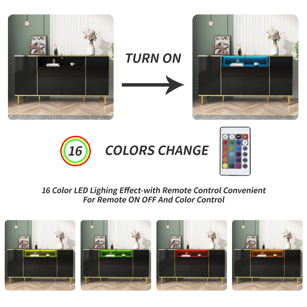Sideboard, High-Gloss with 1 Drawer, Black