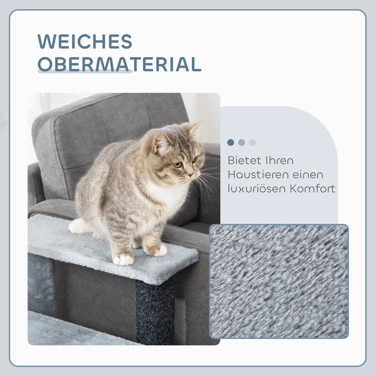 Cat Stairs, 64cm 4 Steps with Play Ball, Jute and Plush, Grey
