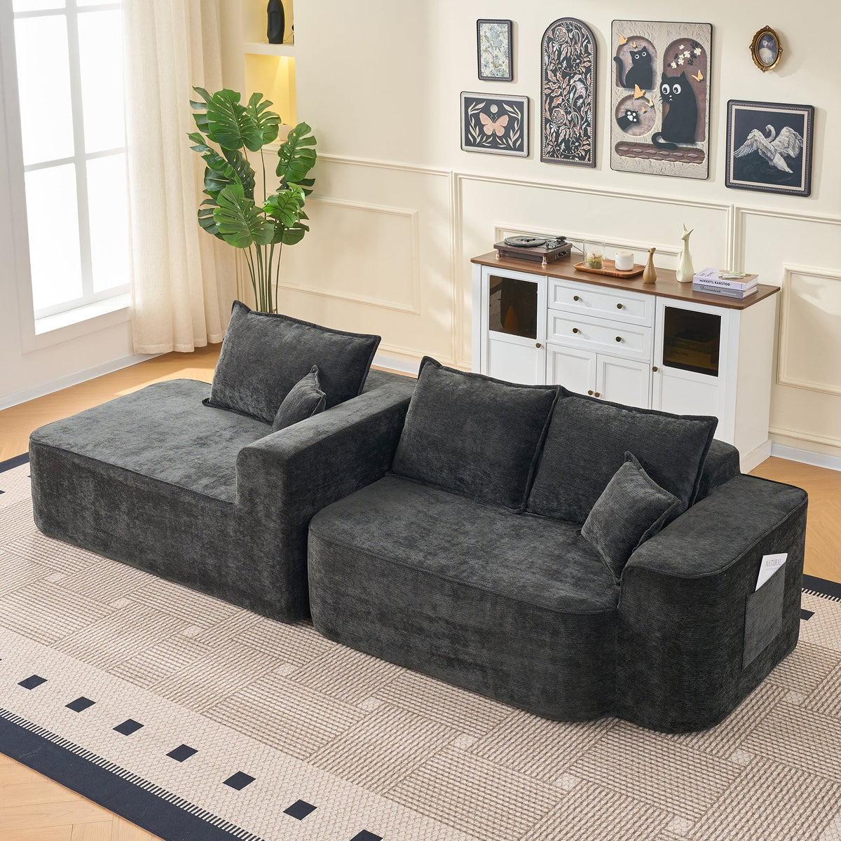 Cloud Sofa L-Shaped Corner Sofa with Chaise Longue and XXL Deep Seat, Black Chenille