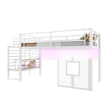 Loft Bed 90x200cm with Stairs, Storage & LED Light, White Metal