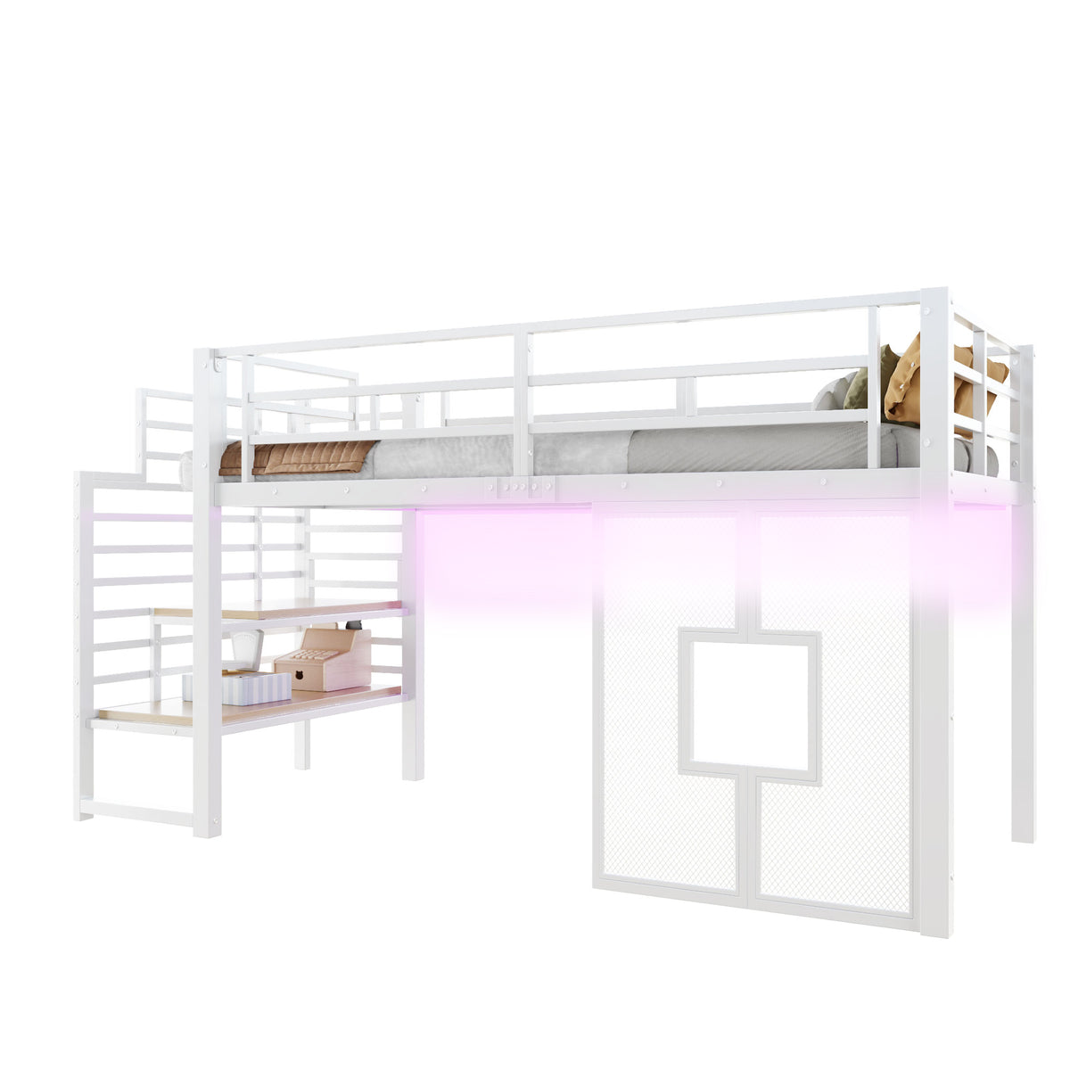 Loft Bed 90x200cm with Stairs, Storage & LED Light, White Metal