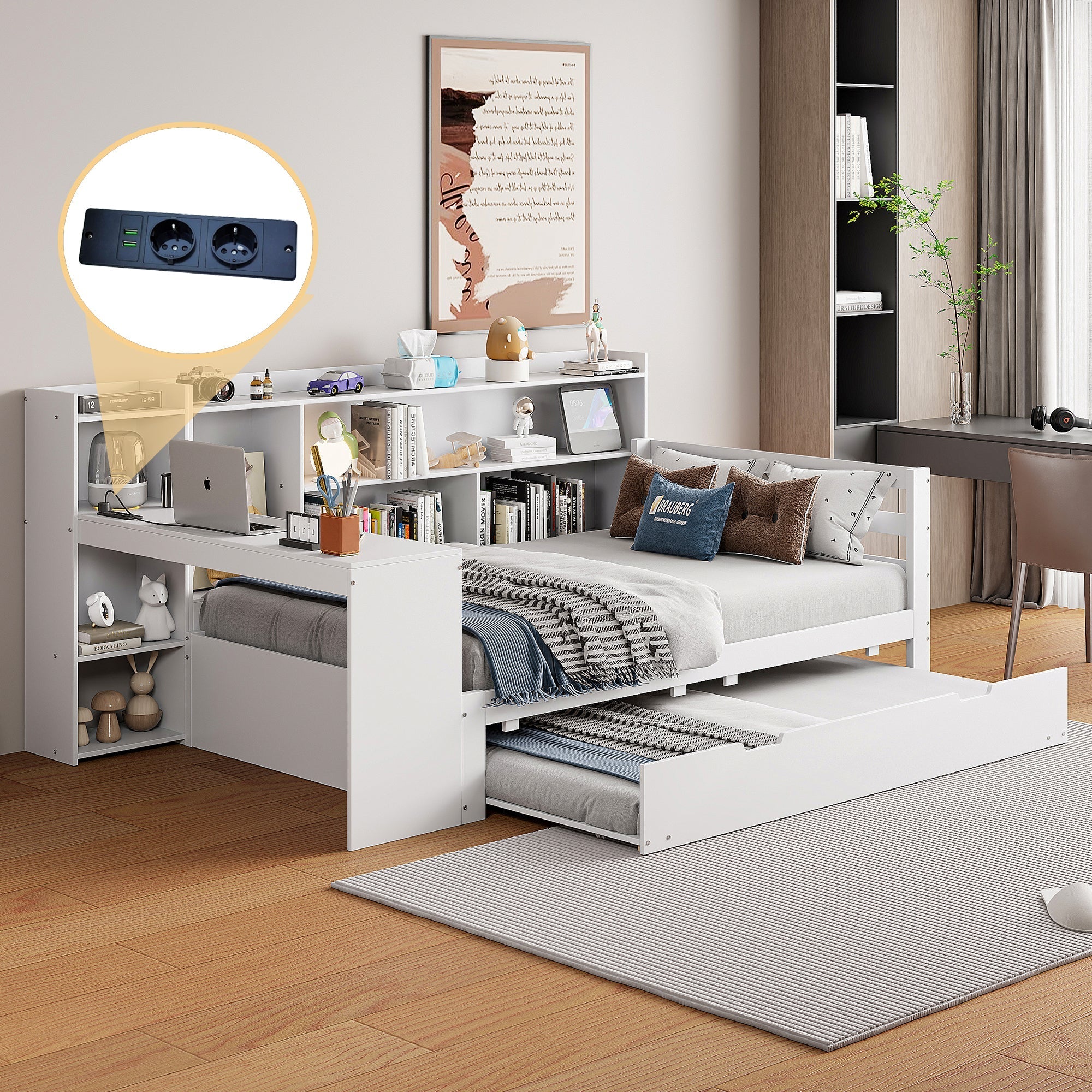 Solid Wood Sofa Bed 90x200cm Desk Bookshelves Pull-out Bed, Multifunctional White