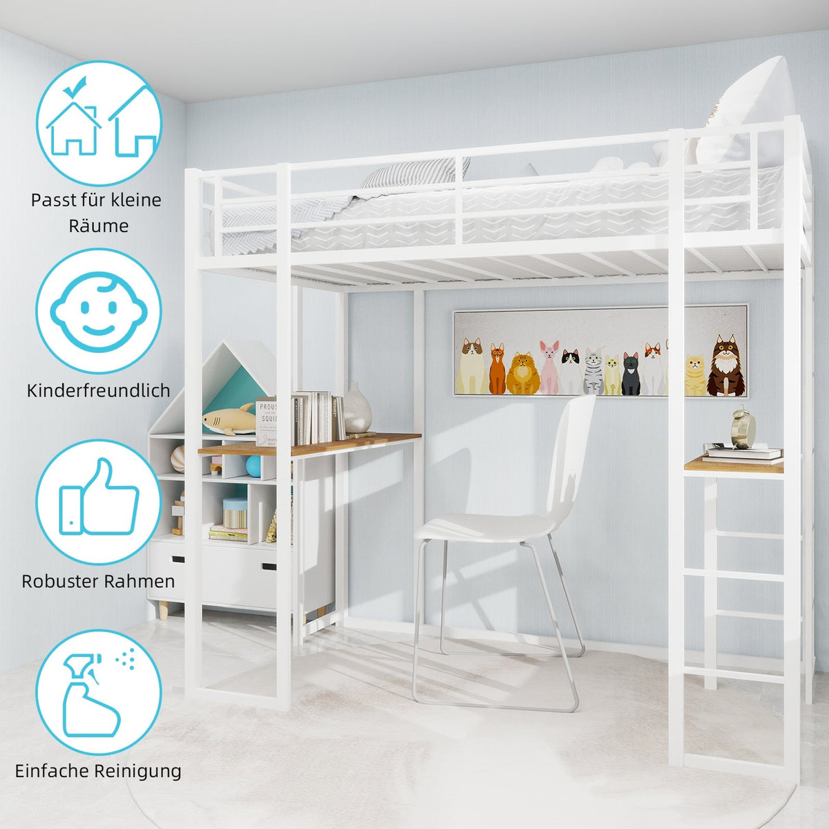 Children's Loft Bed L-Shaped Desk Railing Versatile Stairs Iron Frame