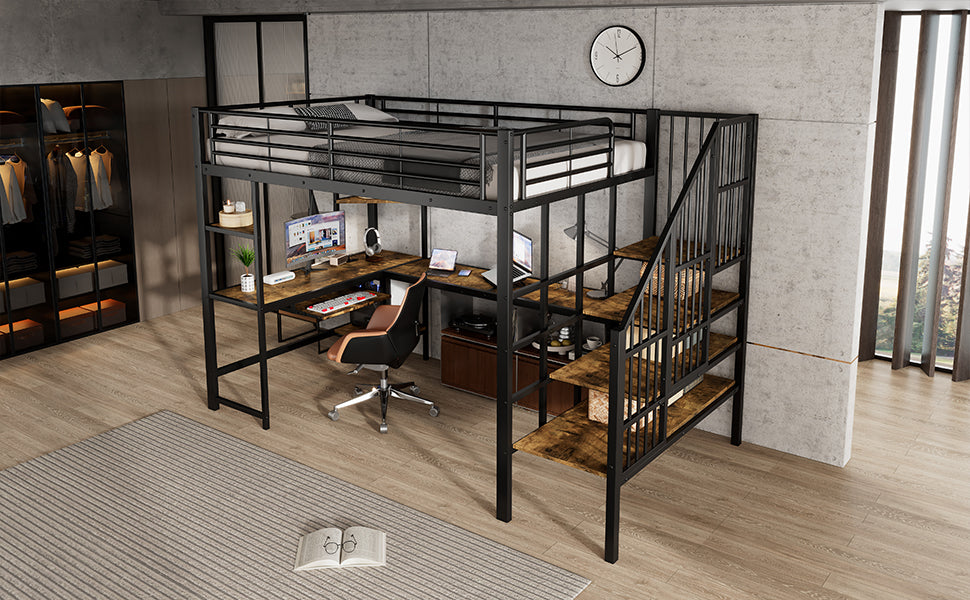 Iron Loft Bed with Desk & Storage, 120x200cm, Black Iron + MDF