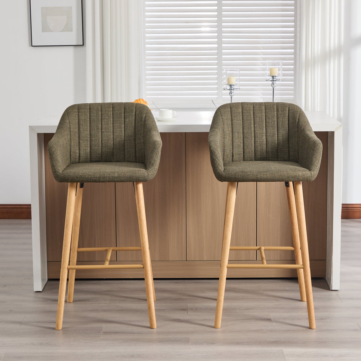 Modern European Bar Stools with High Backrest and Armrests, Set of 2, Beige Linen