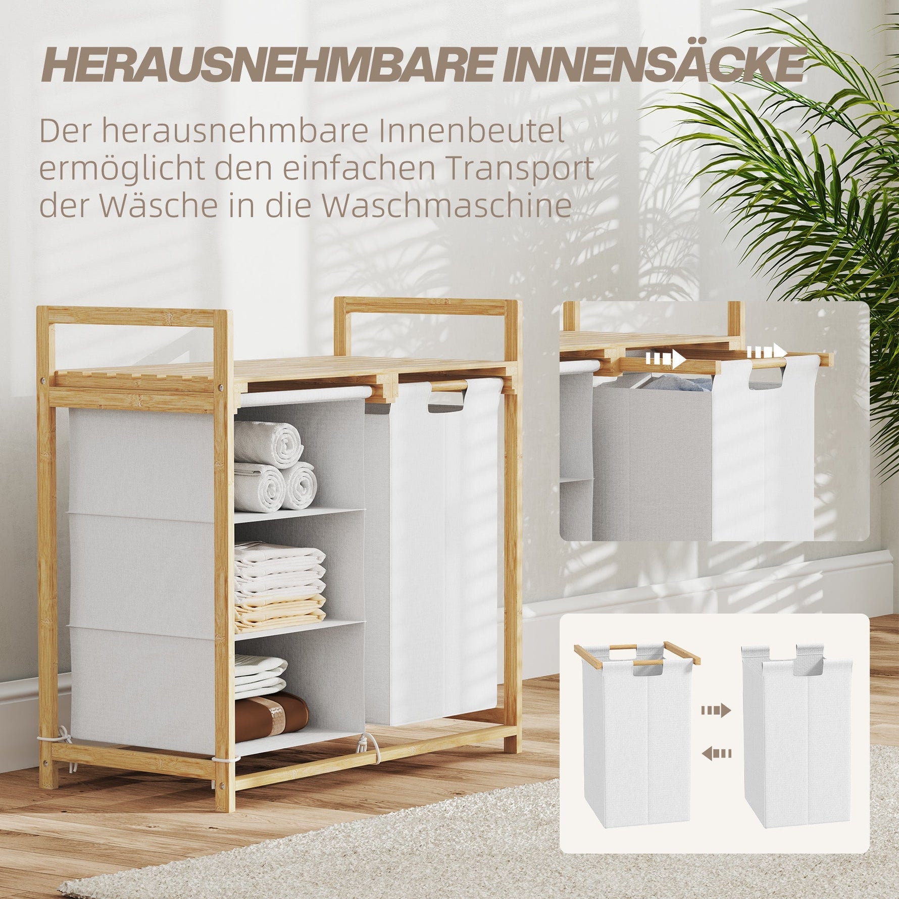 Laundry Basket 4 Compartments, Extendable Bags, 83L, Bamboo White