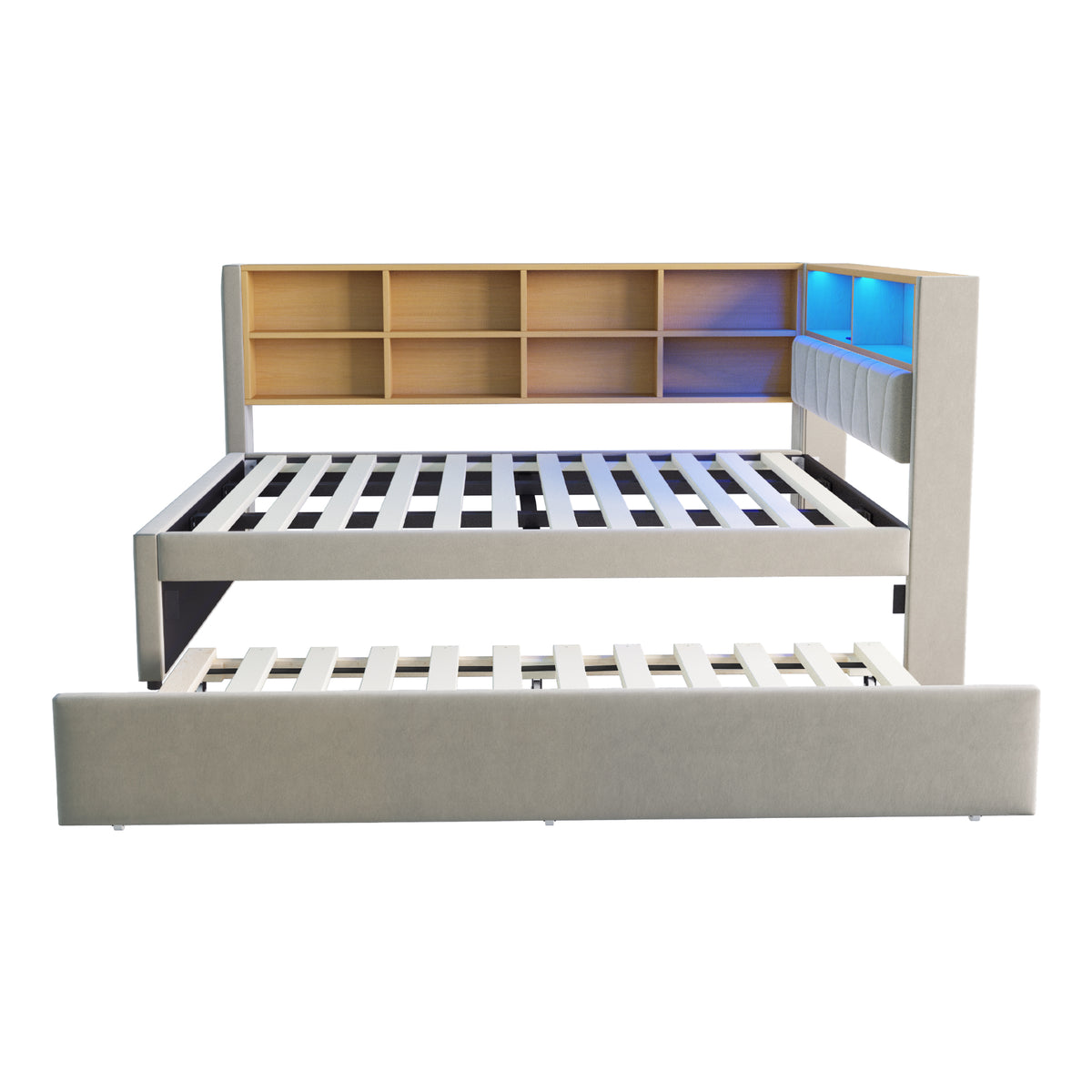 Sofa Bed 140x200cm with Trundle, LED & Storage, Light Grey Flannel