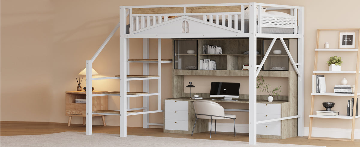Metal Loft Bed 140x200cm with Ladder & Underbed Storage, White