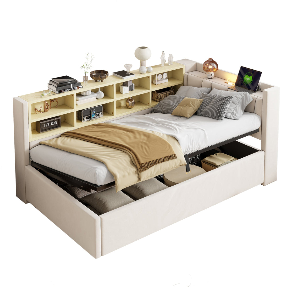 Sofa Bed, 90x200cm, Hydraulic Storage, Night Light, USB/Type-C, Velvet Beige