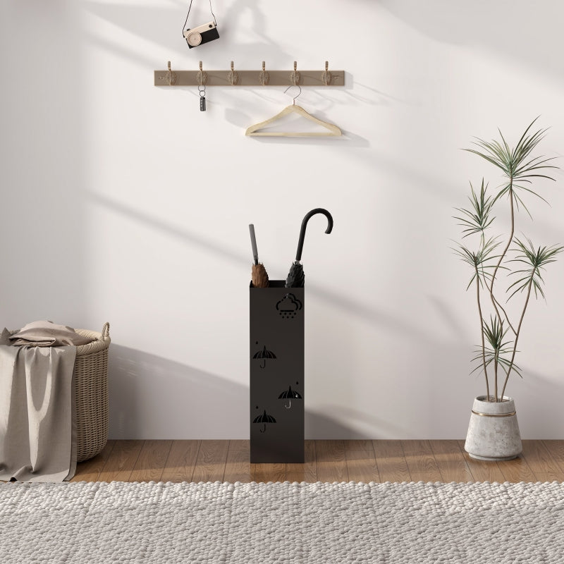Umbrella Stand, 4 Hooks, Water Catcher, Steel Black