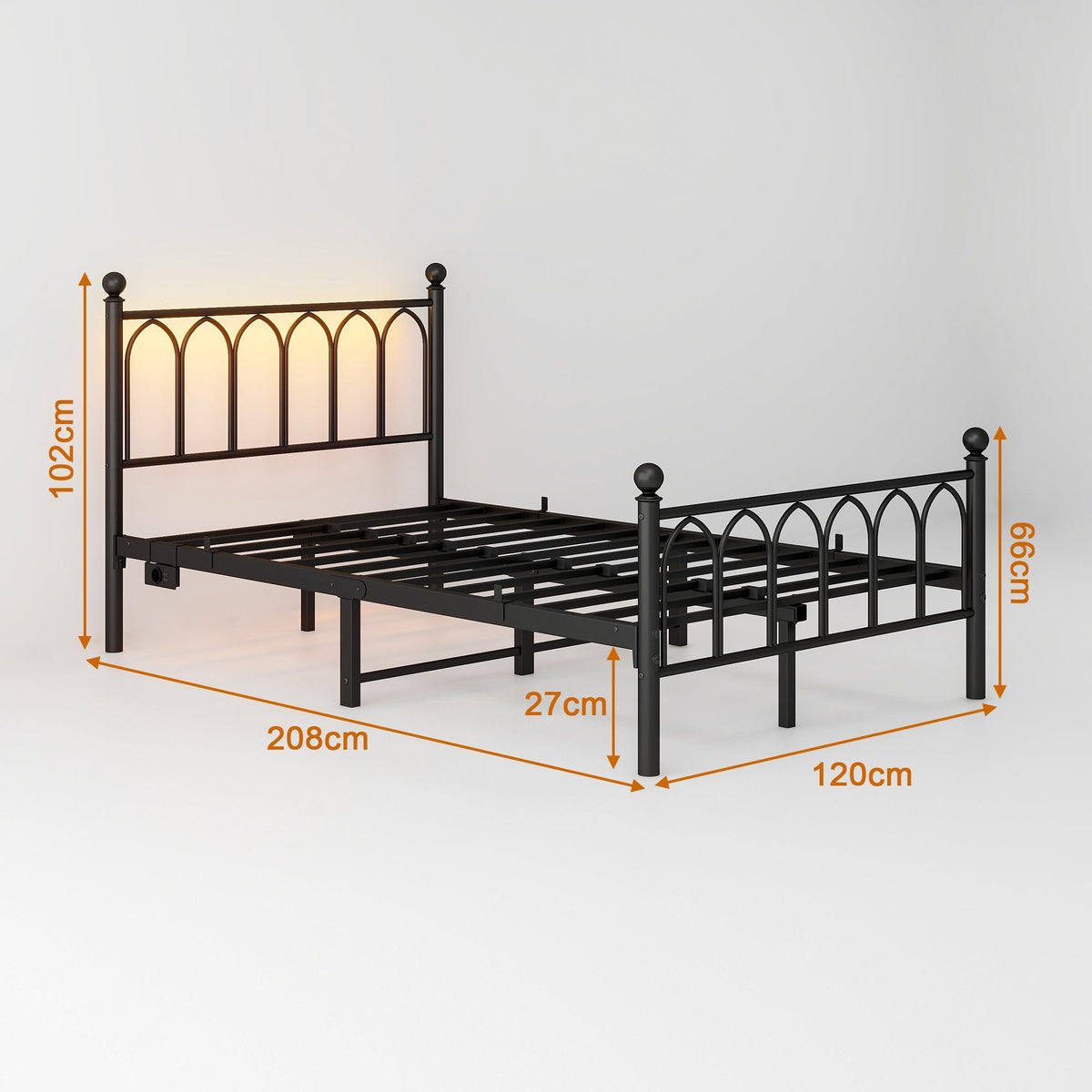 Metal Bed Frame with Vintage Headboard, Footboard, USB & LED, Black