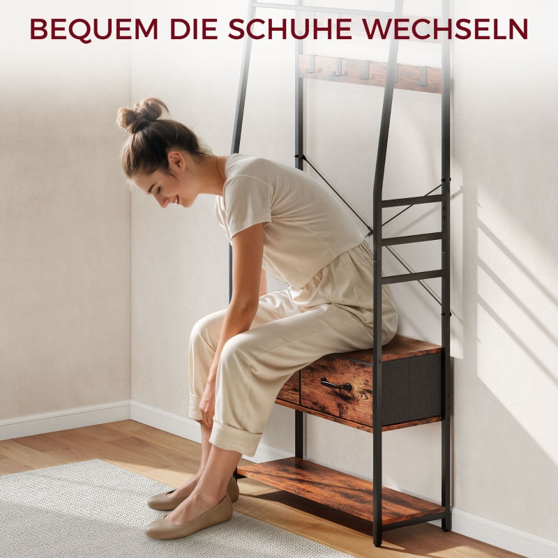 Hall Tree with Bench, Shoe Rack & 2 Drawers - Brown