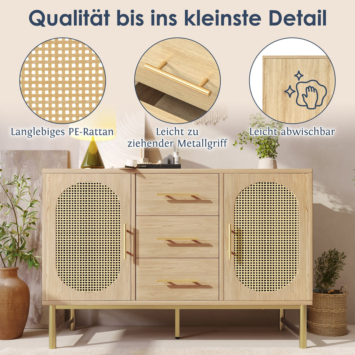 Rattan Sideboard 3 Drawers 2 Doors Adjustable Shelves 120x40x74cm Sonoma Oak