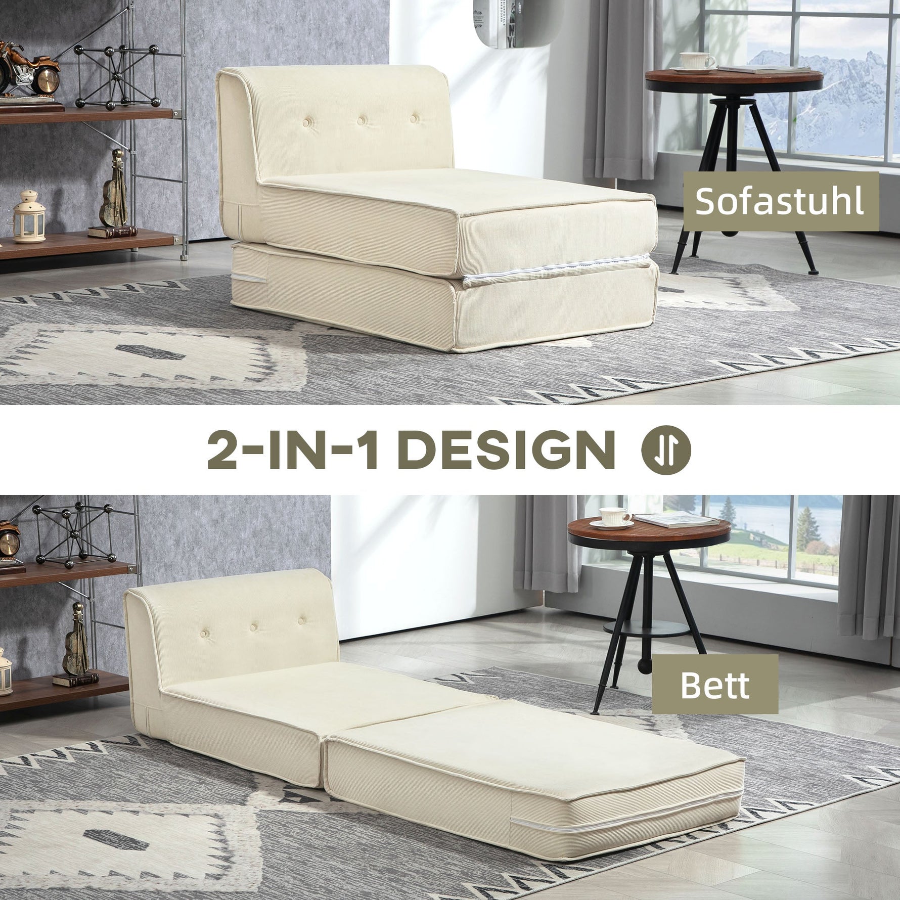 Sofa Bed 2-in-1 Foldable Upholstered 240 kg, Corduroy Cream White