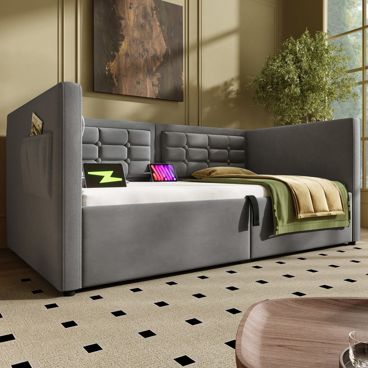 Sofa Bed, Upholstered with Hydraulic Storage, USB & Type-C Charging, Gray Velvet