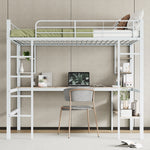 Loft Bed 140x200cm Frame with Desk & Shelves, White Metal