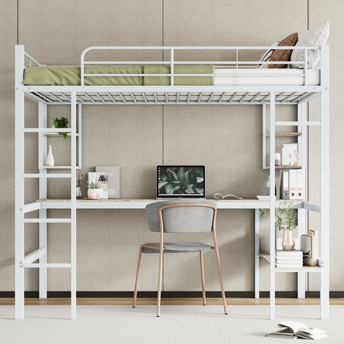 Loft Bed 140x200cm Frame with Desk & Shelves, White Metal