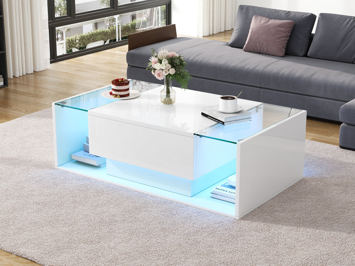 Coffee Table, 1 Drawer LED Light Tempered Glass, White High-Gloss