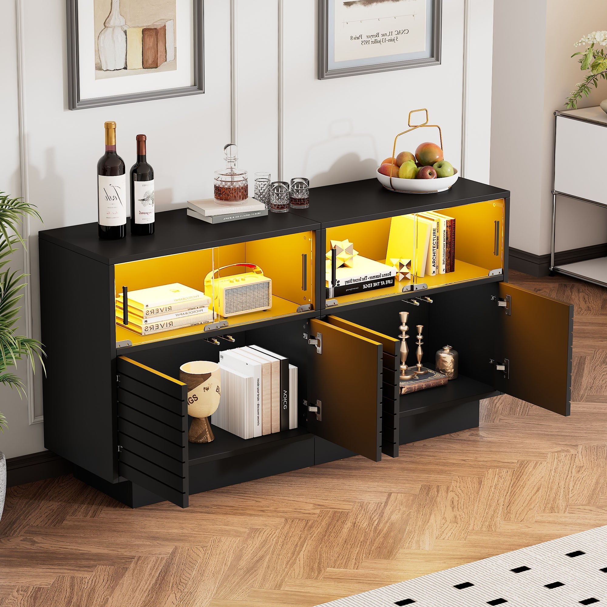 Sideboard, 130cm Glass Door Cabinet with LED Light, Modern Highboard