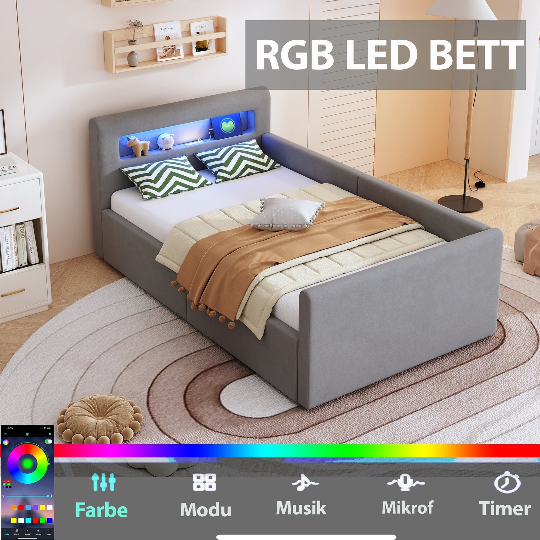 Upholstered Children's Bed 90x200cm LED USB Hydraulic Storage, Light Grey Velvet