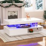 Coffee Table 95x50x42.5 cm with 4 Glass Tops, 2 Drawers, 2 Open Compartments, White High-Gloss