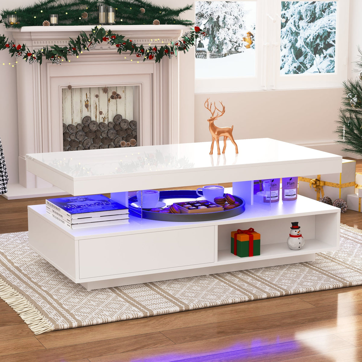 Coffee Table 95x50x42.5 cm with 4 Glass Tops, 2 Drawers, 2 Open Compartments, White High-Gloss