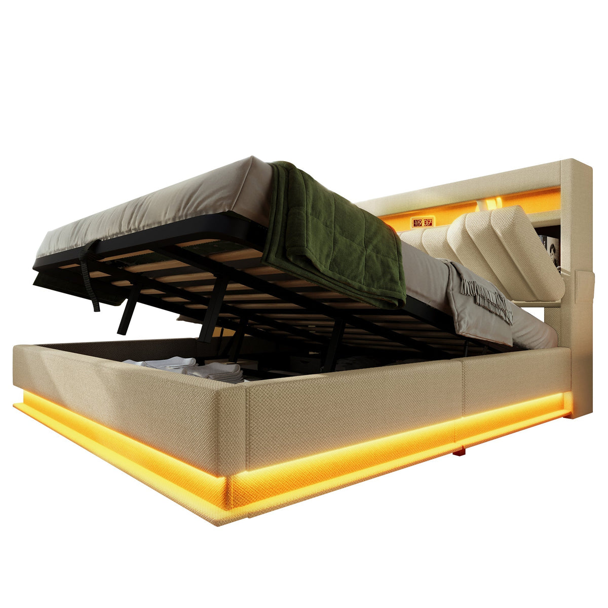 Upholstered Double Bed, 140x200cm Storage Headboard with USB & Type-C, LED Lighting, Hydraulic Storage, Beige Linen