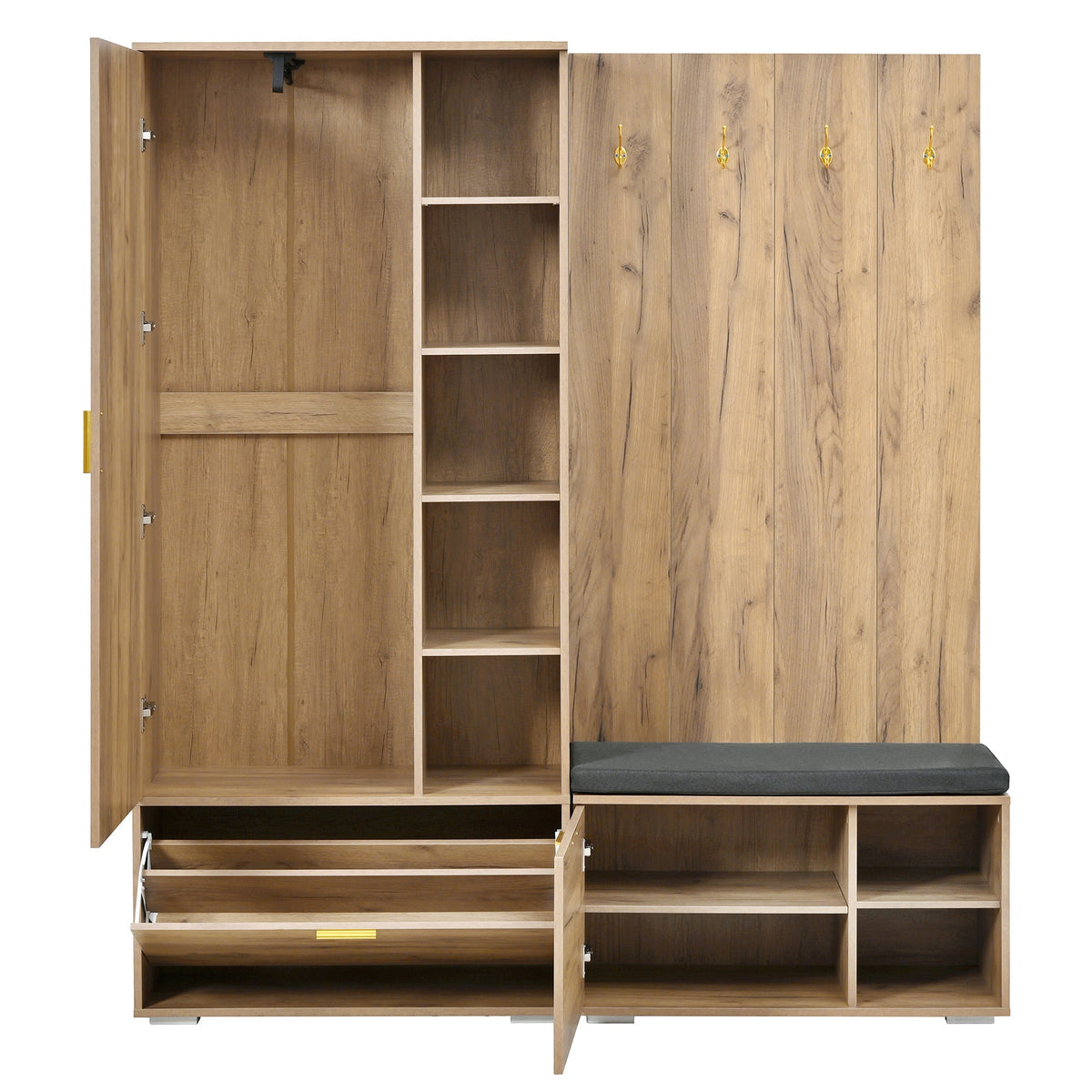 Wardrobe Set with Mirror, Shoe Bench and Coat Rack, Wood Color