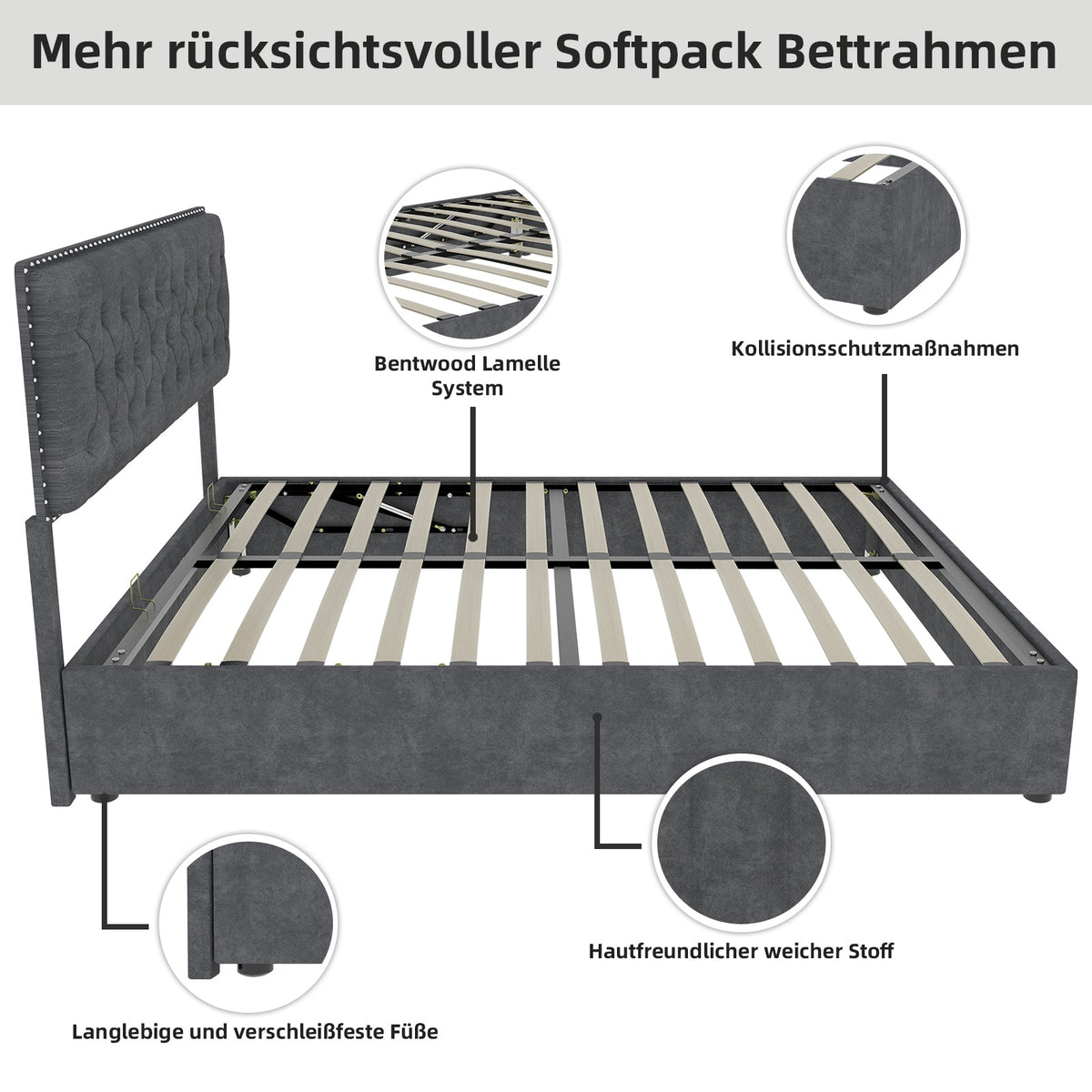 Modern Minimalist Soft Bed, 160*200CM, Hydraulic Rod, Gray