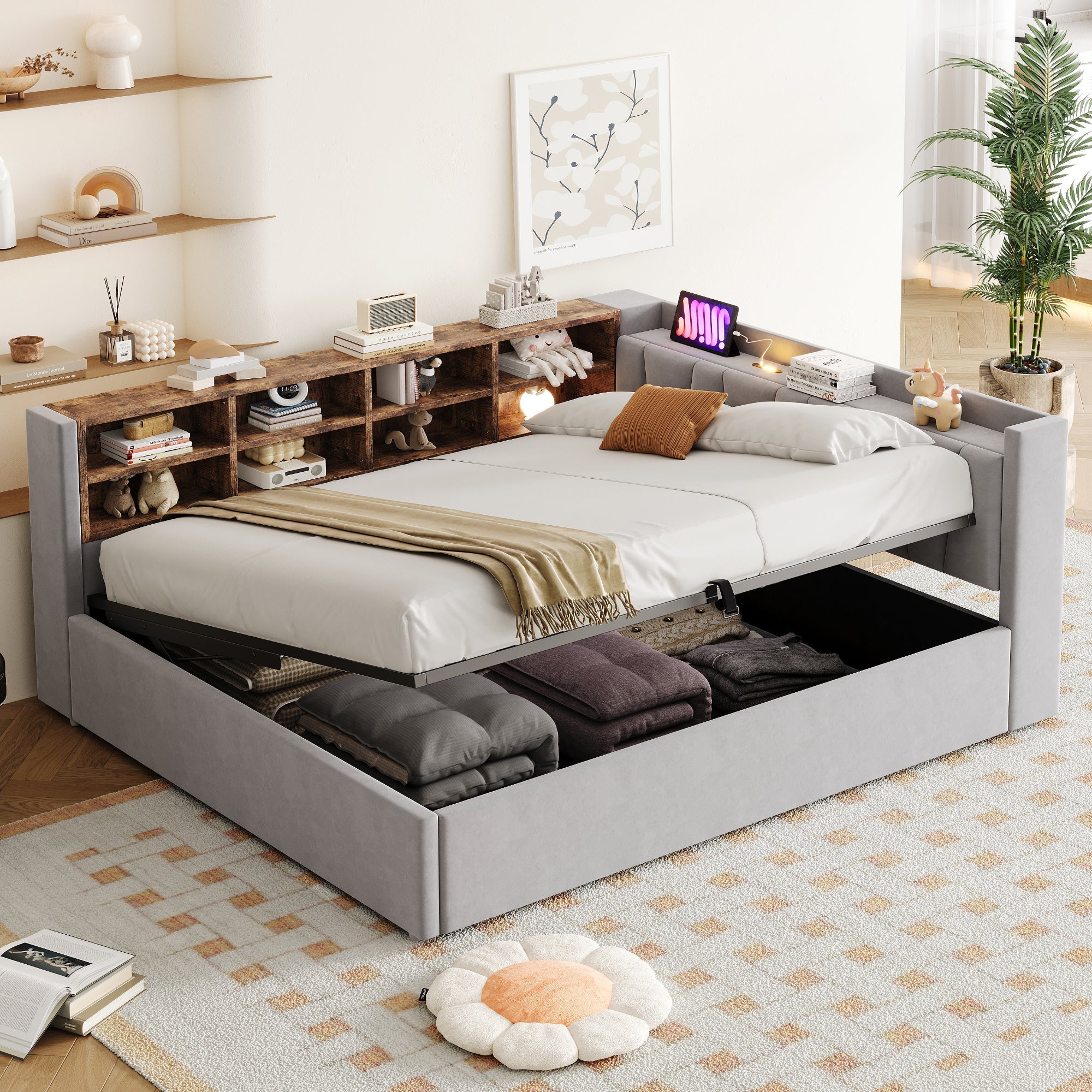 Upholstered Bed/Sofa Bed with Hydraulic Storage, USB Charging and Night Light, 140x200cm, Light Grey Velvet Fabric