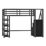 140x200 Metal Loft Bed with Wardrobe, Cabinets and LED Lighting, Black