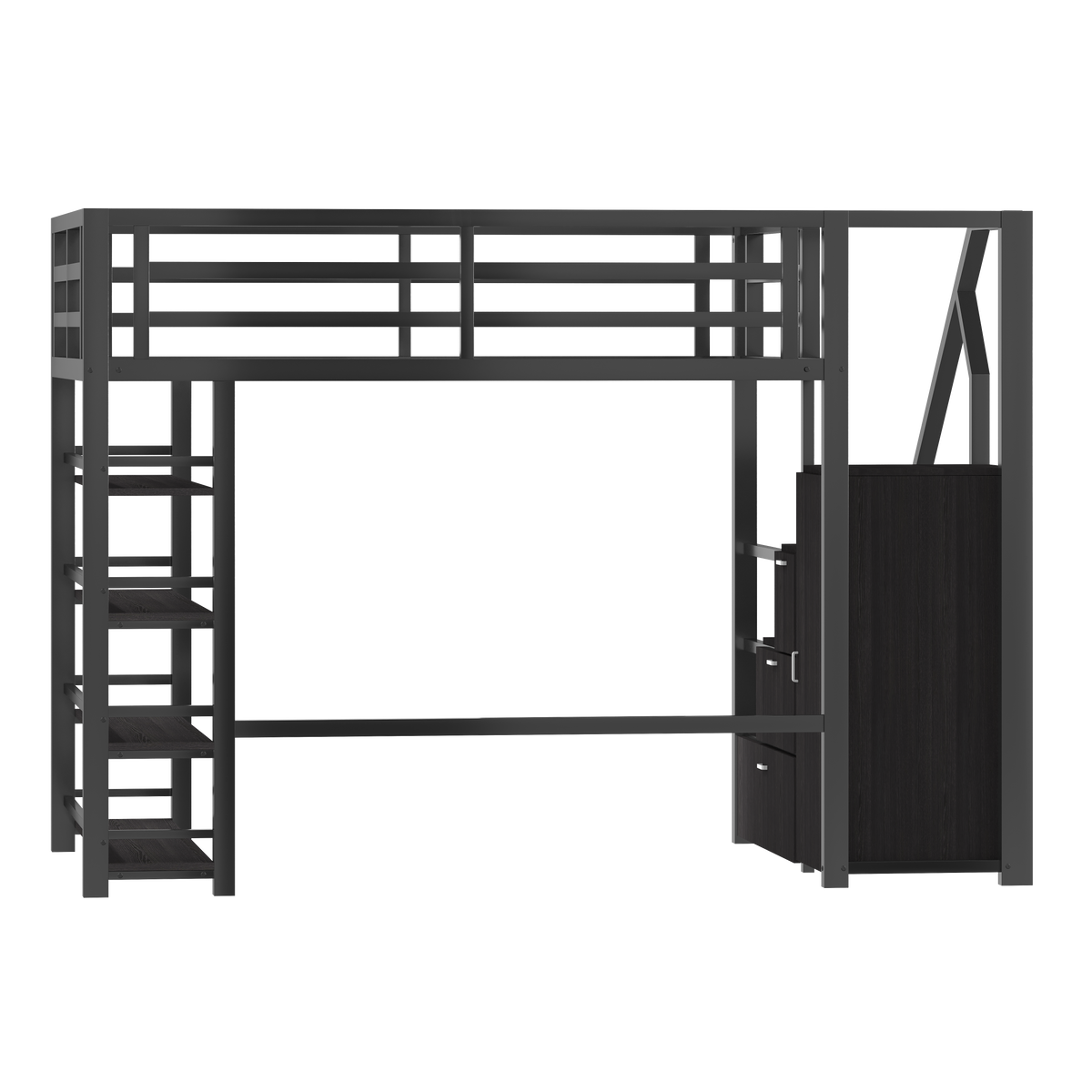140x200 Metal Loft Bed with Wardrobe, Cabinets and LED Lighting, Black