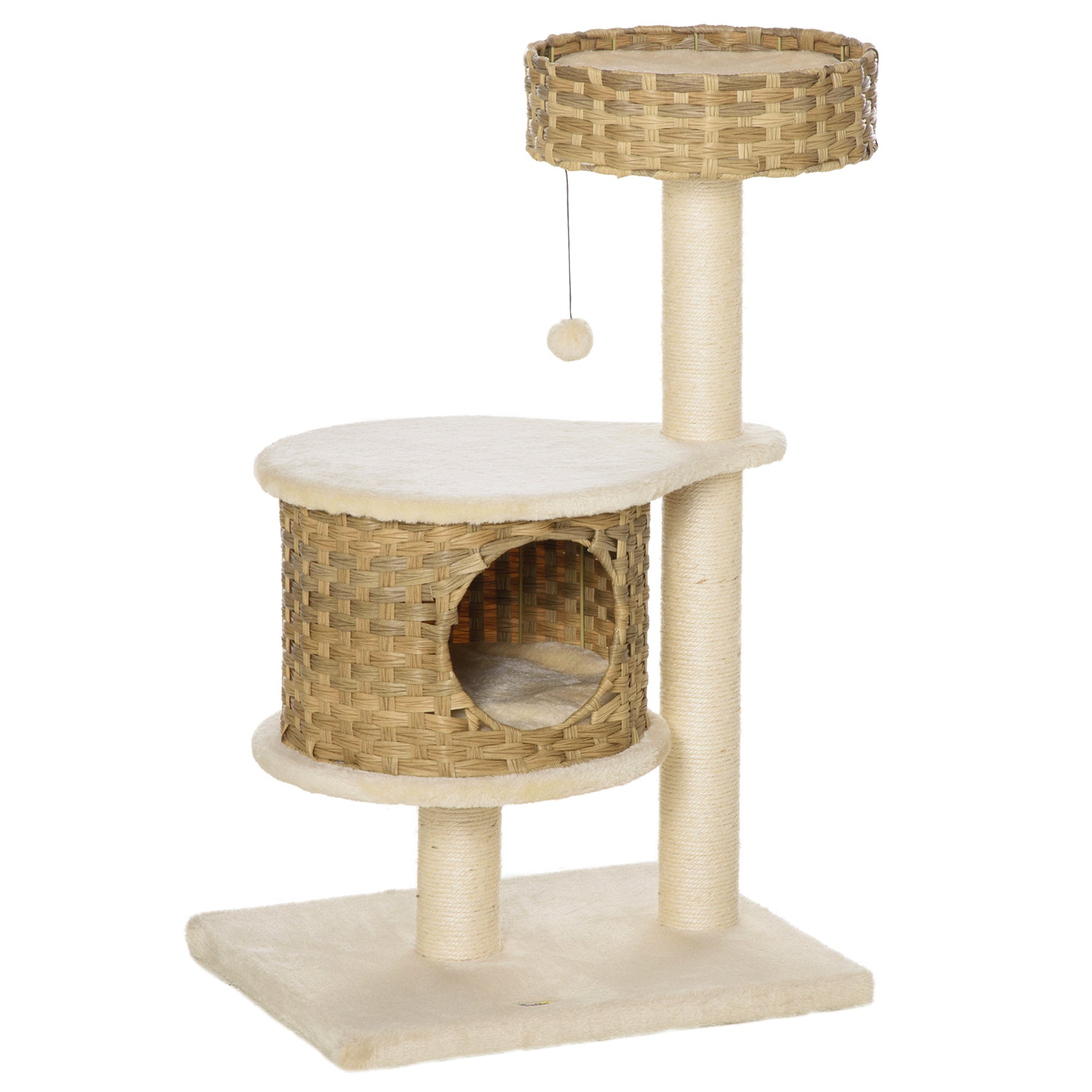 Rattan Cat Tree with Cat Cave, Ball Toy, Natural and Beige