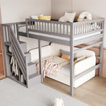 Solid Wood Bed 140x200 with Storage Stairs & Railing, Grey