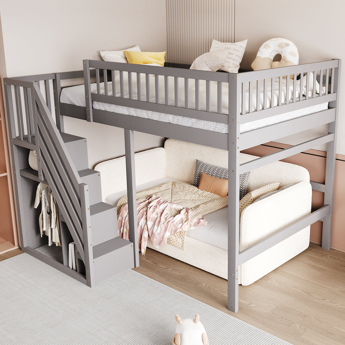 Solid Wood Bed 140x200 with Storage Stairs & Railing, Grey