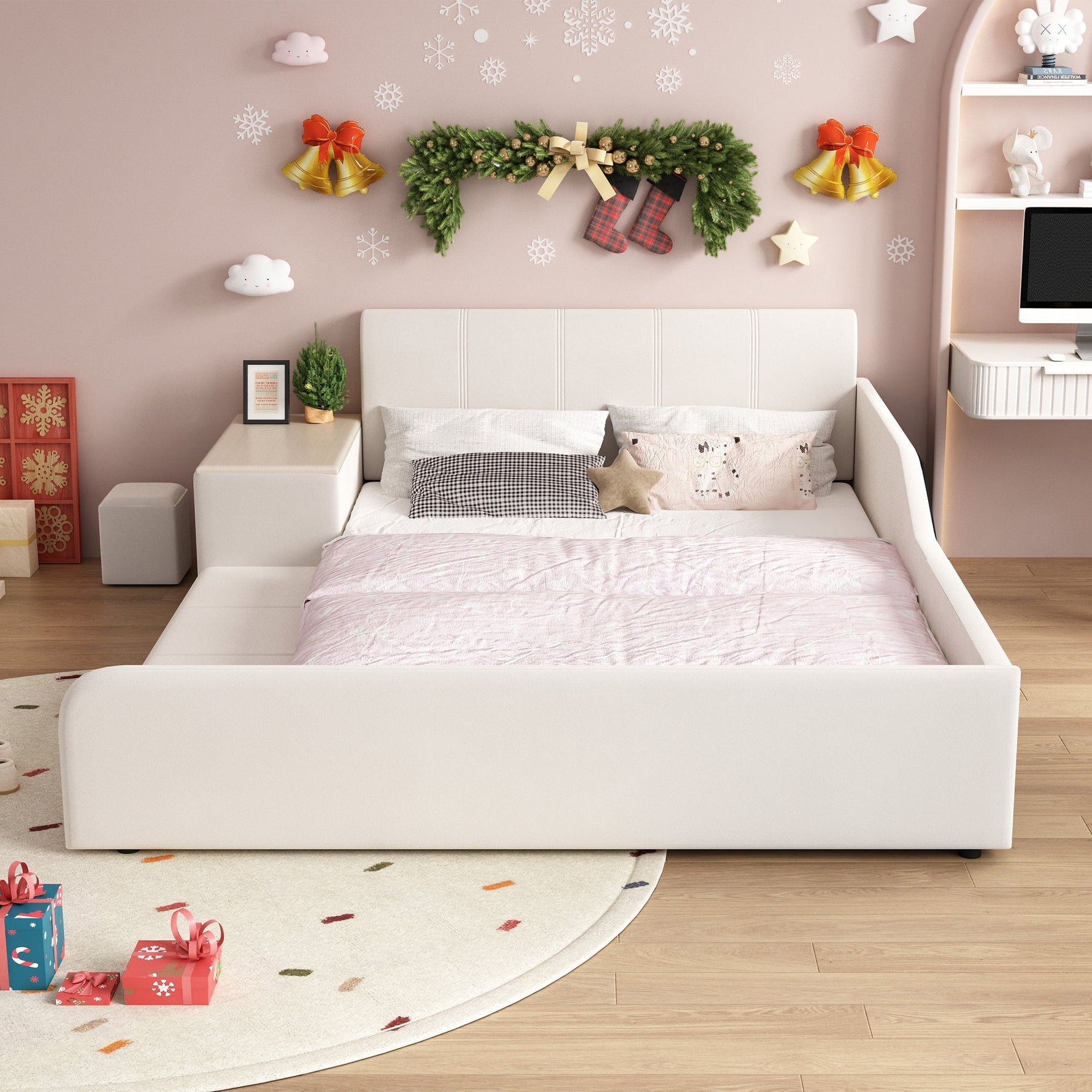 Upholstered Bed with Desk, Stool and Storage Shelf, 140x200cm, White Velvet