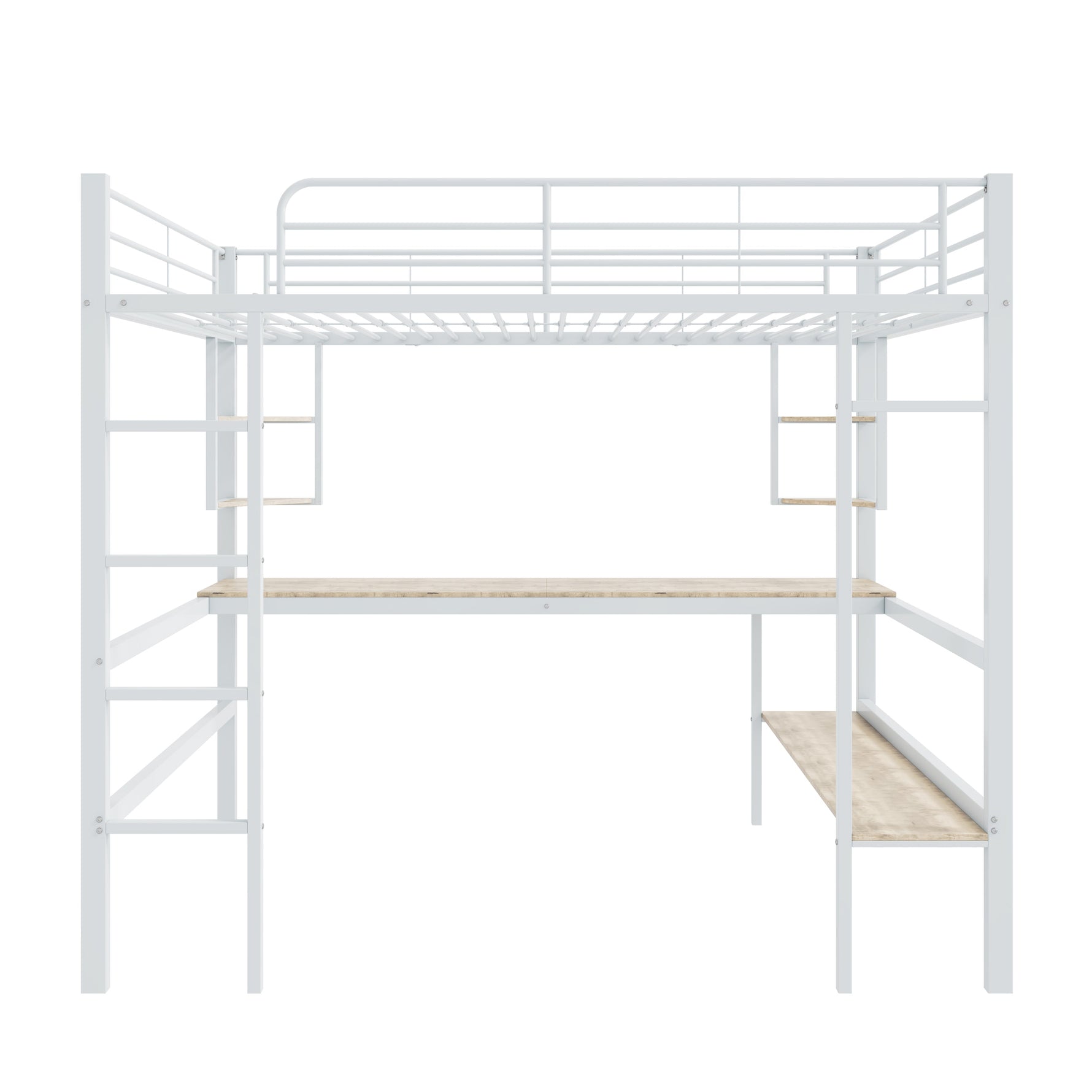 Loft Bed with Desk and Bookshelf, 90x200cm Metal Frame, White