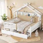 Children's Bed Roof Design, Railing, Storage Drawers, 140x200cm, Pine+MDF White/Natural
