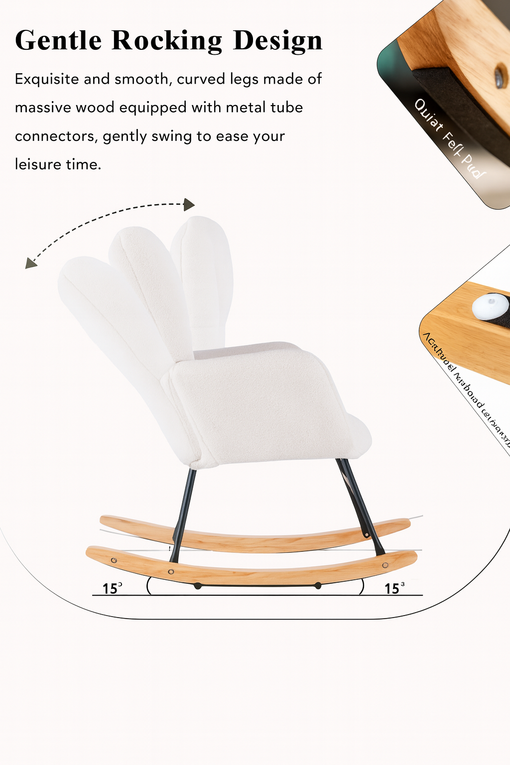 Mid Century Modern Rocking Chair with Tufted Cover, Padded Seat, White