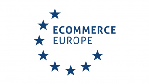 The Ecommerce Europe logo featuring the text 'ECOMMERCE EUROPE' in blue next to a semi-circular arrangement of blue stars on a white background.