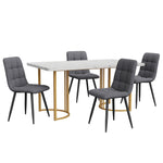 5-Piece Dining Set 140x80cm Table 4 Chairs Gold Metal Legs White MDF Dark Grey Linen