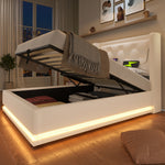 Upholstered Single Bed, Hydraulic Storage with USB & LED, White PU