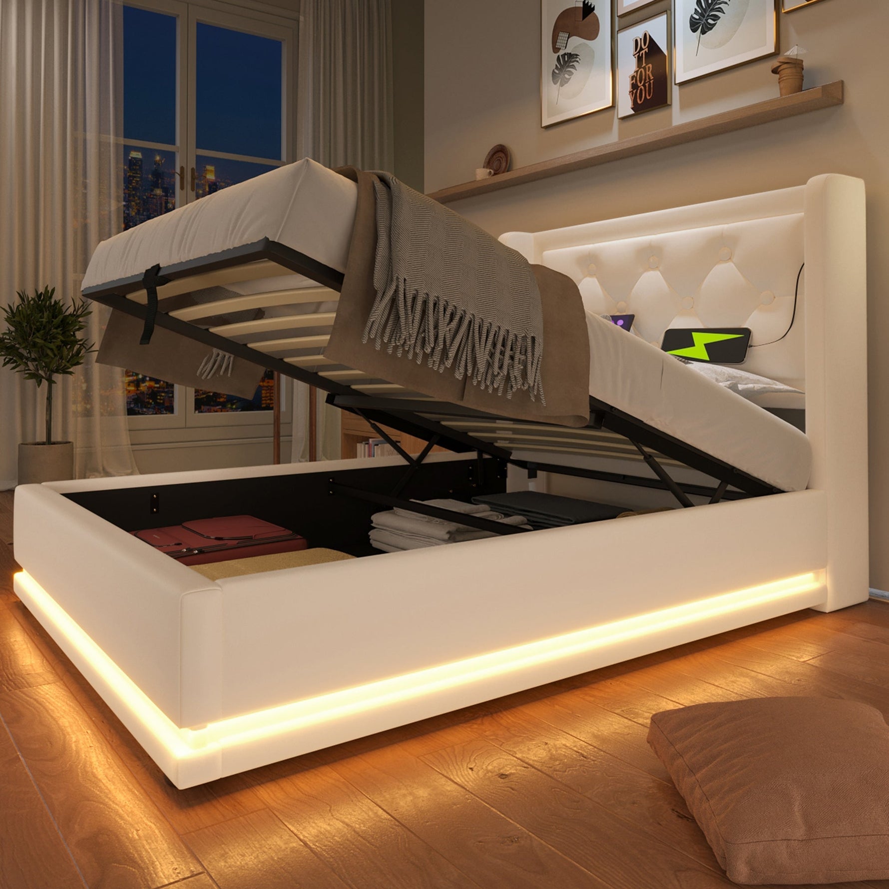 Upholstered Single Bed, Hydraulic Storage with USB & LED, White PU