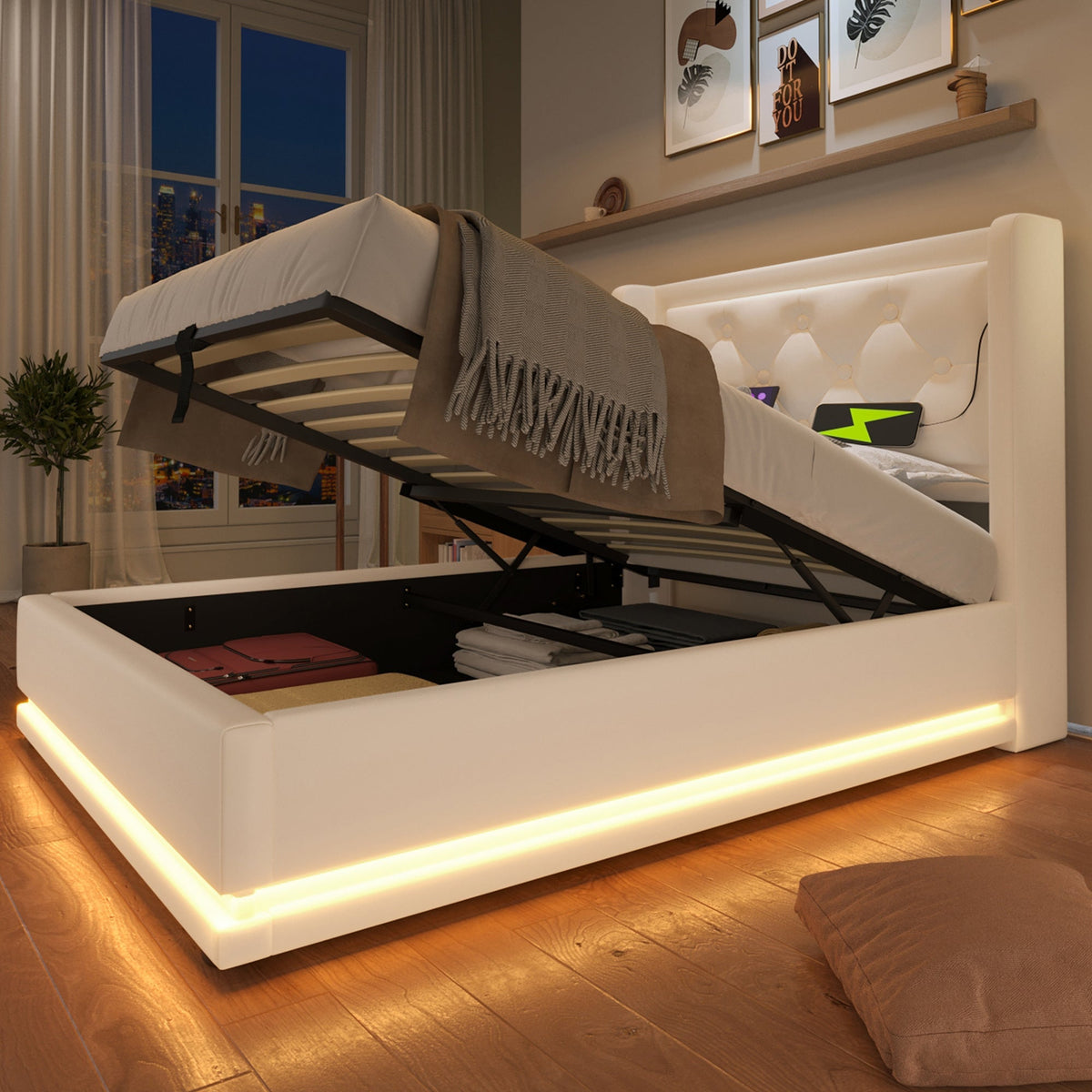 Upholstered Single Bed 90*200cm Hydraulic Storage Headboard USB Type-C LED, White PU